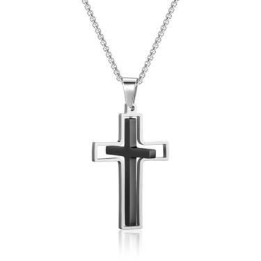 Imagem de PiercingJ Colar com cruz para homens, prata/ouro/preto de aço inoxidável com pingente de crucifixo, Natal, Páscoa, aniversário, presente de batismo, 61 cm, Normal, Aço inoxidável, Sem Pedra Preciosa