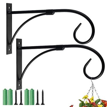 Imagem de 2 peças de suporte de cesta suspensa, ganchos de plantas pendurados, gancho de parede de jardim de arte de ferro, suporte de plantas, cabide de plantas ao ar livre para vasos de flores, lanternas