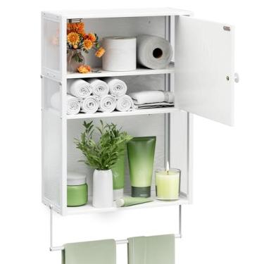 Imagem de Armário de parede de banheiro pequeno com barra de toalhas, armário de armazenamento de medicamentos montado na parede com prateleira e porta, armário de armazenamento de 3 camadas sobre vaso