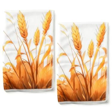 Imagem de Conjunto de 2 toalhas de cozinha de outono XhaungTech - Toalhas de prato de cozinha de outono laranja trigo casa de fazenda decorativa toalha temática de outono para colheita de Ação de Graças, toalha