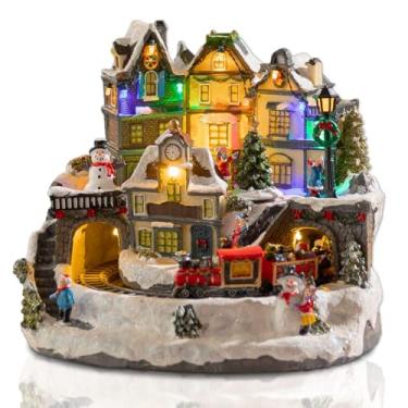 Imagem de Afirst Estatuetas colecionáveis de casas de vila de Natal, trens em movimento, árvore de Natal, iluminada, casa de Natal, colecionável, musical, com exibição interna USB, estatuetas de decoração