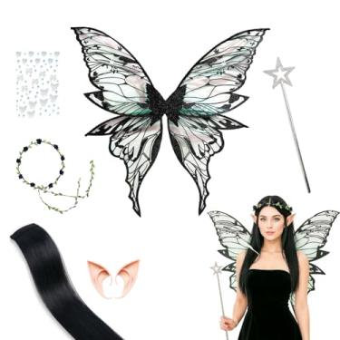 Imagem de MIRJXB Asas de fada para mulheres adultas, conjunto de fantasia de asas de fada pretas com varinha mágica e orelhas de elfo, acessórios de fantasia para festa de Halloween, fantasia de fada feminina