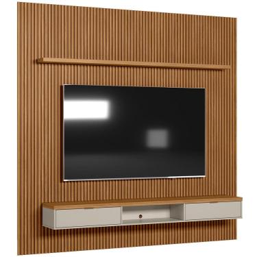 Imagem de Painel Ripado Para TV 75 Pol Slats e Bancada Lisa 258x250cm L05 Nature Off White - Lyam Decor