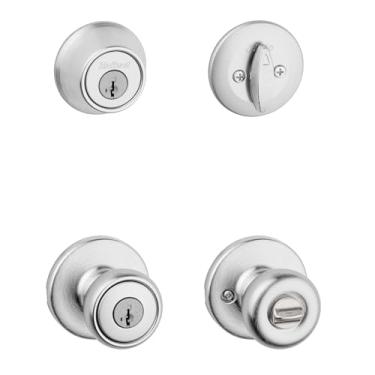 Imagem de Kwikset Tylo Conjunto de maçaneta e fechadura da porta da frente, pacote combo de entrada, cilindro único com maçaneta de porta de entrada, cromado acetinado, com proteção Microban