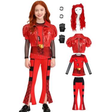 Imagem de Fantasia vermelha para meninas, crianças, fantasia de Dia das Bruxas, jaqueta vermelha, calças, roupas, vestir, festa de aniversário, filmes, personagens cosplay com luvas, brincos 7-8 anos QM058M
