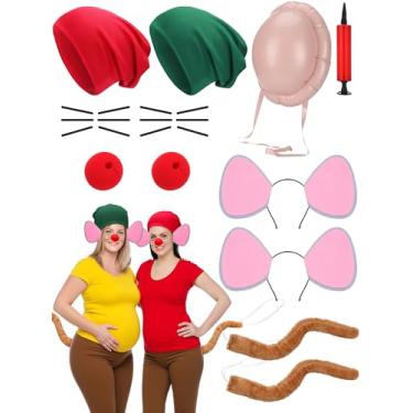 Imagem de Shyyween 12 peças de acessórios para fantasia de ratos de Halloween, conjunto de fantasia de casal, chapéu de tricô, orelhas de rato, faixa de cabeça, cauda, barba, nariz de espuma vermelha, barriga