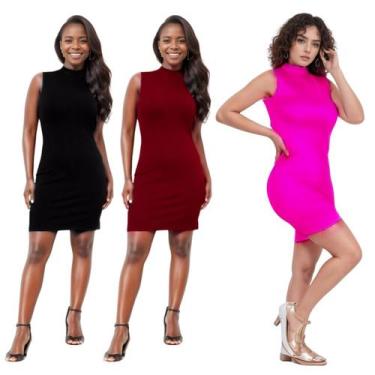 Imagem de KIT C/3 Vestidos Canelado Gola Alta - Emporio J, Preto, Vinho, Pink, U