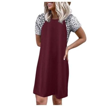 Imagem de Vestido feminino leopardo, manga curta, gola redonda, solto, confortáv