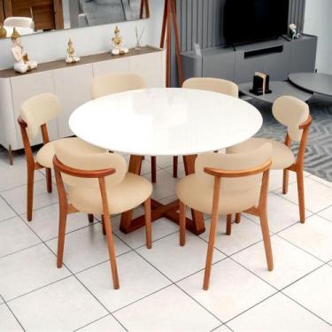 Imagem de Mesa de Jantar 1,35m com Tampo de Vidro e 6 Cadeiras em Madeira Natura