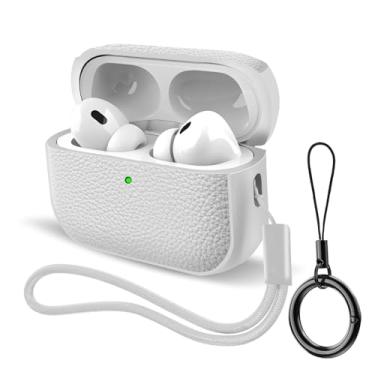 Imagem de Capa para AirPods Pro 3 (versão 2025), capa protetora à prova de choque de TPU com textura de couro com chaveiro, alça de pulso, LED frontal visível – branca