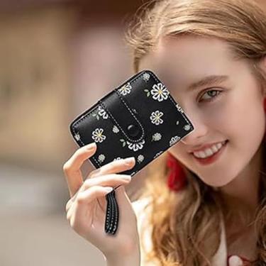 Imagem de Carteira feminina com zíper e estampa de margaridas – Porta-moedas em aquarela floral com compartimentos para cartões e chaveiro