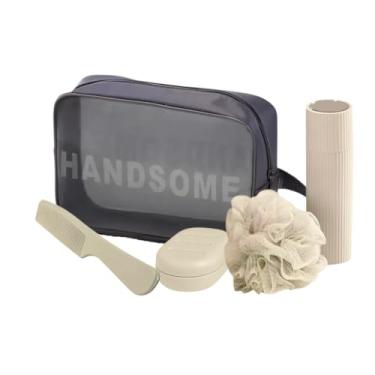 Imagem de Kit Necessaire Masculina para Viagem Completo com 5 Itens - Bolsa de Higiene, Saboneteira, Porta Escova de Dentes, Esponja e Pente | Organizador Impermeável para Academia (Cinza com Itens Beges)