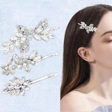 Imagem de 3 peças de grampos de cabelo de noiva com strass brilhante, grampo de cabelo de noiva com folhas delicadas, grampos de cabelo de cristal, acessórios de cabelo para mulheres e meninas