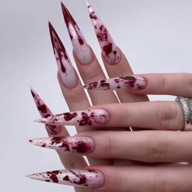 Imagem de Kit de unhas de pressão estilete longo conjunto de unhas falsas Halloween Horror cola com design simples de gota de sangue cobertura completa bastão falso artificial em unha de acrílico para mulheres