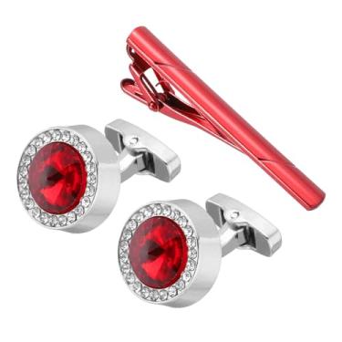 Imagem de PATIKIL Conjunto de abotoaduras de cristal e prendedor de gravata, abotoaduras masculinas de strass redondo e clipes de gravata com caixa para homens, Tom prateado (vermelho), tamanho �nico