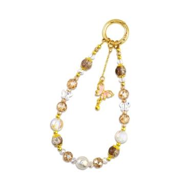 Imagem de Pulseira de telefone com contas com pingente de borboleta, chaveiro de acrílico de cristal para celular, bolsa ou câmera, One Size, Cristal, Sem Pedra Preciosa