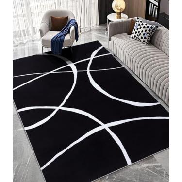 Imagem de YIHOUSE Tapete de área lavável moderno para sala de estar e quarto - Tapete grande abstrato preto e branco antiderrapante ultrafino para decoração de casa (curva escura, 1,8 m x 2,5 m)
