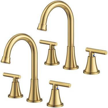 Imagem de Torneiras de banheiro Hurran Brushed Gold para pia, pacote com 3 furos