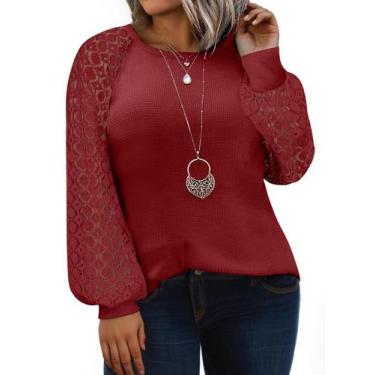 Imagem de Blusa feminina Eytino plus size raglan de manga comprida, renda rubi, 