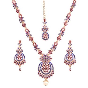 Imagem de Conjunto de colar de joias de noiva com strass de madeira de bollywood indiana Touchstone em tom dourado antigo para mulheres