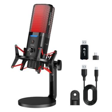 Imagem de Microfone de mesa para jogos X3W RGB, modo duplo sem fio/com fio, redução de ruído, preto e vermelho com suporte