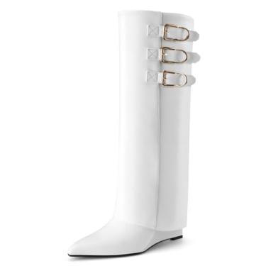 Imagem de Perisis Botas femininas dobráveis cano alto tubarão salto cunha fivelas de couro bico fino puxar botas longas, Poliuretano branco, 41
