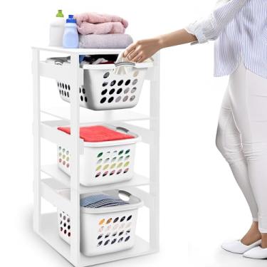 Imagem de Prateleira para cesto de roupa suja – Torre de lavanderia empilhável de madeira, organizador de cesto em camadas para banheiro, quarto, armário (branco, 3 camadas)