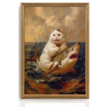 Imagem de ICHZUMW Arte de parede emoldurada em tela engraçada de gato montando tubarão, estampa de retrato de gato branco peculiar, humorístico, única, pintura animal peculiar, decoração de parede para banheiro