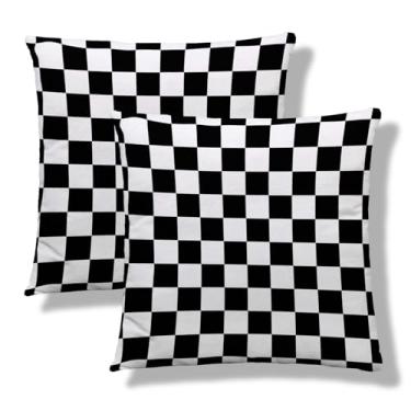 Imagem de NOCTILYRA Capas de almofada xadrez preto e branco 50 x 50 conjunto de 2 fronhas de pelúcia curtas xadrez capa de almofada quadrada geométrica fronhas decorativas para sofá-cama