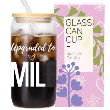 Imagem de JEWNOLEE Gifts for New Mom Copo de vidro de 473 ml com caixa de presente Copos de café gelado com tampas e canudos Copo de vidro engraçado para grávidas da mamãe