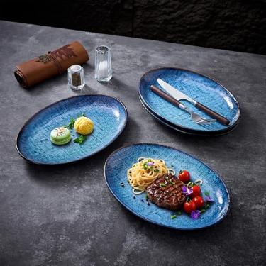 Imagem de TAUFIKT Conjunto de 4 pratos de jantar de cerâmica, pratos de massa e salada de porcelana de 28 cm, conjunto de pratos de grés feito à mão para 4, pratos ovais para decoração de casa, presente de