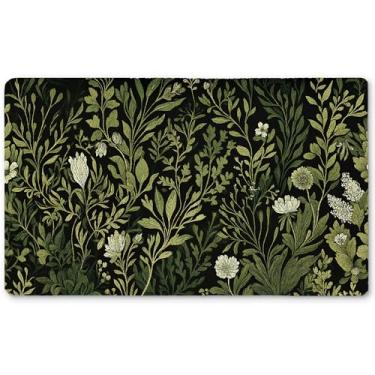 Imagem de Qnhij Tapetes de boas-vindas botânicos vintage para porta da frente, tapete de porta verde escuro, capacho rústico de plantas silvestres para varanda externa, entrada interna, tapete de banho verde