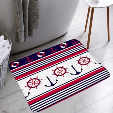 Imagem de STKKST Tapete de banho âncora azul marinho vermelho listrado leme náutico costeiro banheiro banheira tapetes de chão tapete decoração de vaso sanitário, 45,7 x 76,2 cm