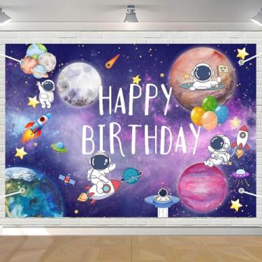 Imagem de WNPCCNP Faixa de fundo espacial feliz aniversário astronauta tema espaço sideral decorações de festa de aniversário para bebês, meninos, meninas, tema espacial, artigos de festa de aniversário 1,5 × 3