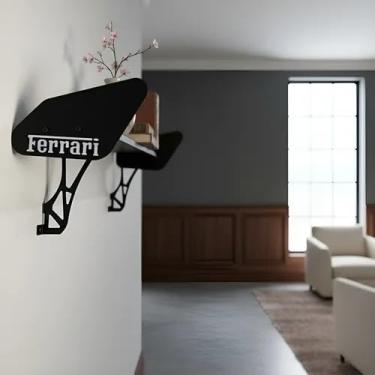 Imagem de Suporte Prateleira Para Parede Aerofólio Estilo Porsche Ferrari Lamborghini Rack Estante Suporta até 25kg Organizador Preto Em Aço e MDF (FERRARI)