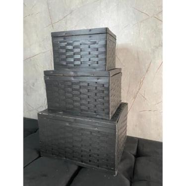 Imagem de Kit Baús Organizadores em Fibra Sintética P/M/G Multiuso Artesanal com Tampa – Cestos Decorativos para Quarto, Sala e Banheiro(PRETO)