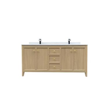 Imagem de HIGEINE Armário de banheiro premium de 183 cm, armário de banheiro independente com bancada de pedra estampada e orifício de torneira (cor de madeira)