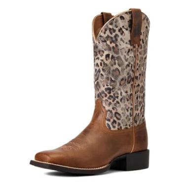 Imagem de Ariat Botas femininas arredondadas West bico quadrado leopardo cano médio salto baixo 2,5-5 cm - marrom, branco claro, Marrom pérola/Leopardo metálico, 6 Big Kid
