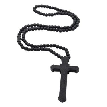 Imagem de Cruz de madeira religiosa grande pingente de crucifixo de Jesus grande madeira natural rosário colorido colar corrente oração cristã batismo joia presente de Páscoa para homens mulheres, 16in, Zinco