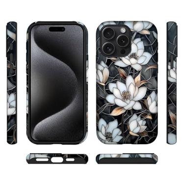 Imagem de ilikediy Capa híbrida para iPhone 15 Pro, 2 camadas, rígida, silicone, padrão de proteção - Magnólia de vitral