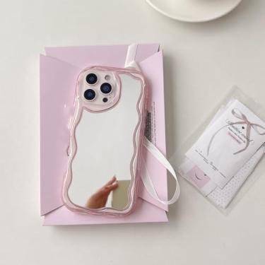 Imagem de Capa de espelho de maquiagem Curly Wave Arc para iPhone 16, 15, 14 Plus, 13, 12, 11 Pro Max, Airbags, silicone macio, capa fofa (para iPhone 16/rosa)