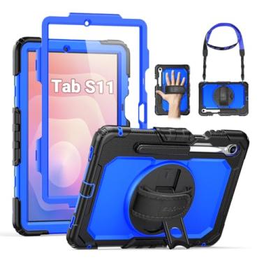 Imagem de SEYMAC Capa para Samsung Galaxy Tab S11 5G 2025 11 polegadas, capa protetora resistente à prova de choque com protetor de tela, suporte giratório de 360°, alça de mão/ombro e suporte para caneta, azul