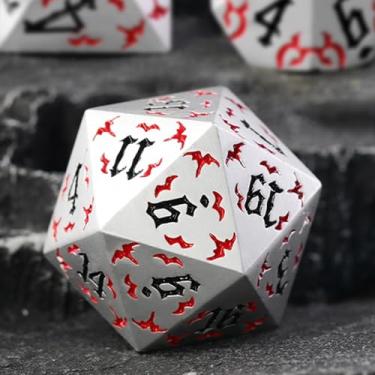 Imagem de Metal DND Dice - Gothic RPG Bat Dice Set for Dungeons and Dragons, ZHOORQI 7-Piece Sharp Edge Polyhedral Dice with Bat Design | RPGs Gifts (BF-White Red)