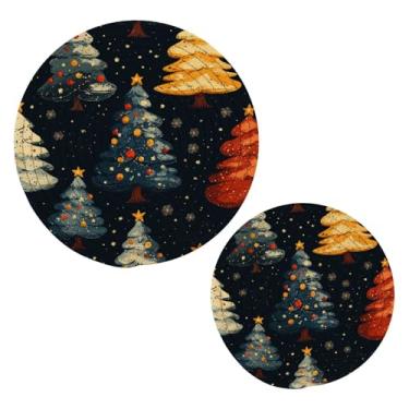 Imagem de Blueangle 2 peças de suporte de panela de trivet de árvores de Natal de desenho animado - conjunto de pegadores de panela de tecido redondo - almofadas quentes trançadas de algodão - porta-copos