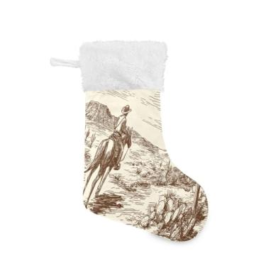 Imagem de ATTX 1 pacote de meias de Natal de cowboy do deserto ocidental com punho de pelúcia branco - Decoração de Natal para presentes, meia de 43 cm (78)