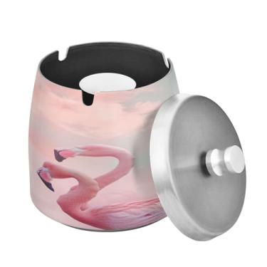 Imagem de Blueangle Cinzeiro de flamingos rosa com tampa para cigarros, à prova de vento/chuva, aço inoxidável, sem fumaça, inodoro, cinzeiro para uso interno ou externo (432)
