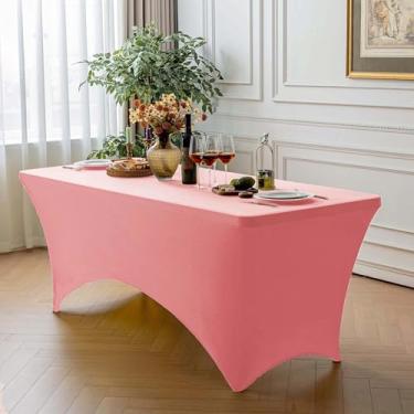 Imagem de FOLINS&HOME Toalha de mesa retangular rosa de 2,4 m com elástico, resistente à água, lavável e lavável para mesas de 2,5 m, toalha de mesa elástica para casamentos, banquetes, festas