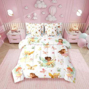 Imagem de Erosebridal Jogo de cama solteiro de fadas com estampa de fadas e flores para meninas, 7 peças, para crianças, lençol com elástico + lençol de cima