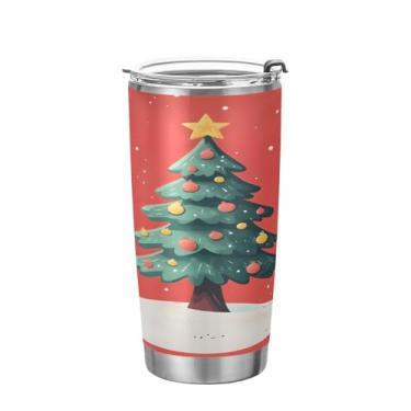 Imagem de YETTASBIN Copo de árvore de Natal com tampa de palha, copo de aço inoxidável de 590 ml, parede dupla, isolada a vácuo, caneca de café de viagem para bebidas quentes e frias