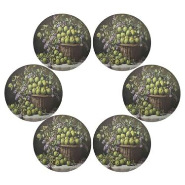 Imagem de Wassud Jogo americano conjunto de 6 tapetes redondos de ameixas e flores verdes para cozinha e jantar tapetes laváveis resistentes ao calor para decoração de mesa 39 cm